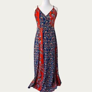 Parisian Red and Blue Flowy Floral Maxi Dress Slits in Skirt Women’s Size 6P